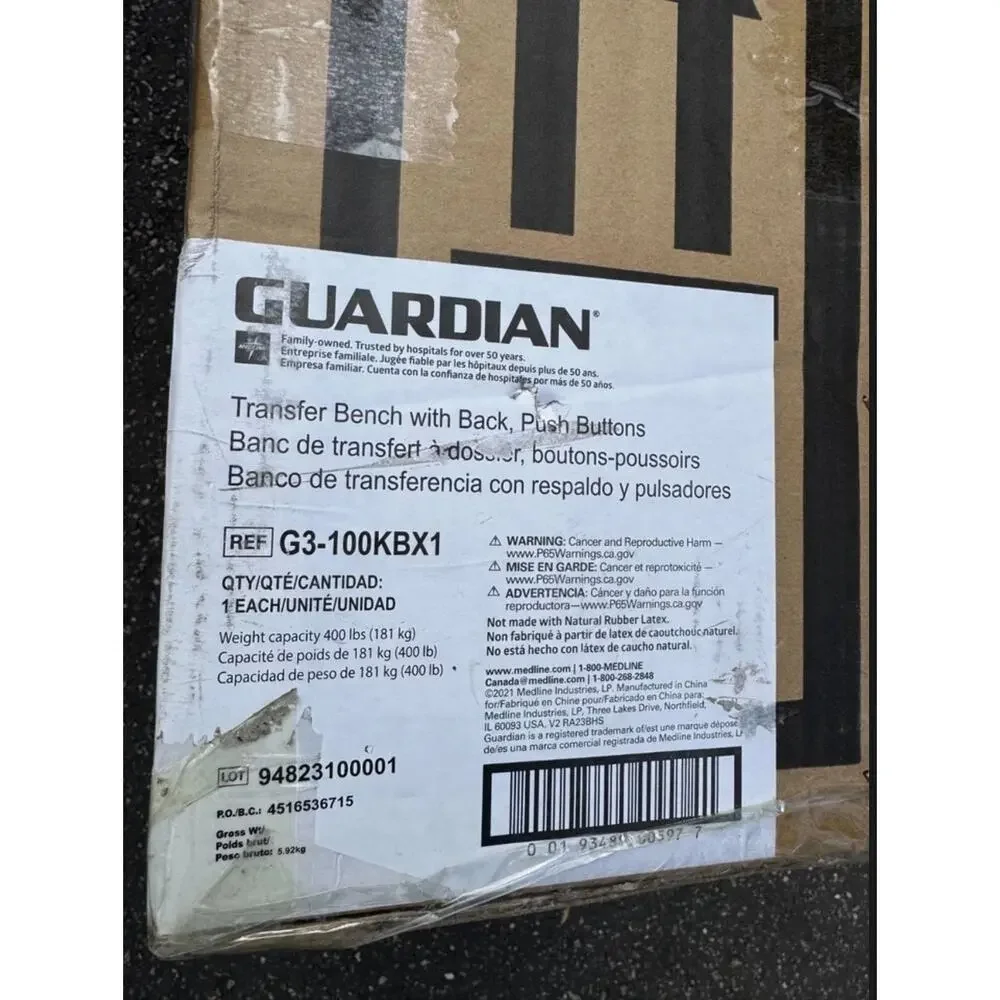 Guardian G3-100KBX1 Transfer Bench w/ Back 400 lb Capacity Adjustable Height